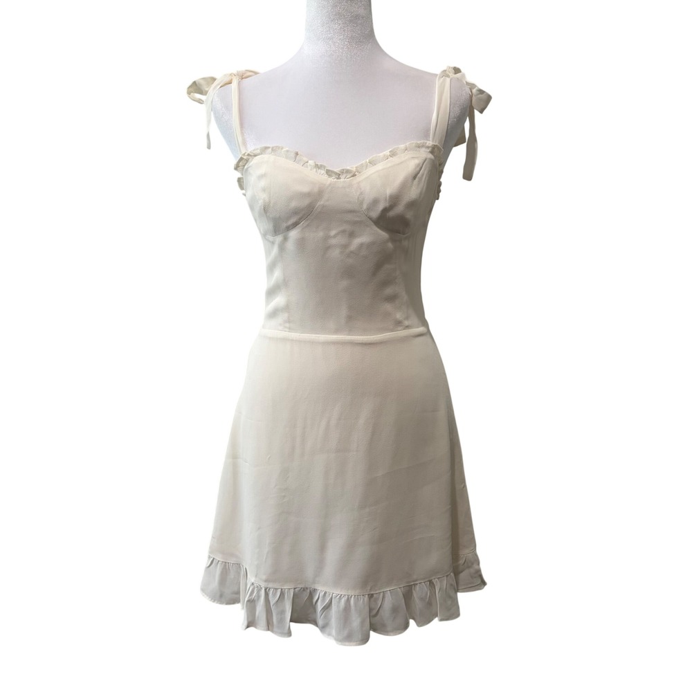 Reformation Christine Mini Dress Womens 2 Ivory Tie Strap Ruffle Hem Bridal - Picture 2 of 11
